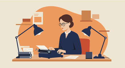 A focused woman with glasses is diligently typing on a vintage typewriter at her neat desk, depicted in a modern flat design illustration.