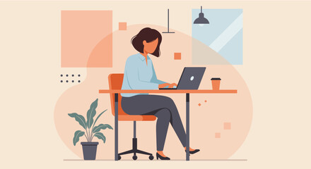 a woman sitting at a desk, working on a laptop with a plant to her left and a lamp to her right. Suitable for landing page, banner, marketing, web design, presentation, infographic, etc.