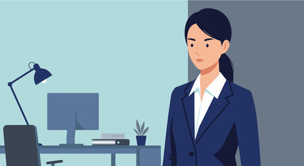 a woman in a business suit standing in an office environment with a desk, computer, and lamp. Suitable for landing page, banner, marketing, web design, presentation, infographic, etc.