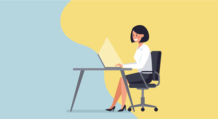 A cheerful businesswoman is working on a laptop at her desk, creating a marketing presentation with a flat design illustration against a colorful background.