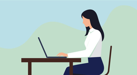 A woman is sitting at a desk, focused on her laptop, with a light blue background. Suitable for landing page, banner, marketing, web design, presentation, infographic, etc.
