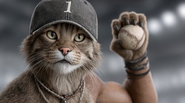 Adult muscular cat playing baseball in stadium
