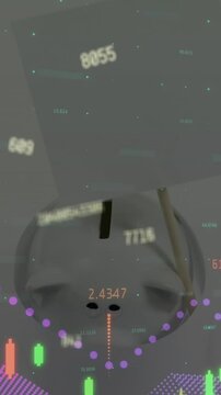 Animation of changing numbers and financial data processingagainst piggy pank and blank placard