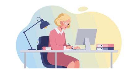 Stylish businesswoman working on computer at her desk, flat design illustration perfect for landing page, banner, marketing, or presentation.
