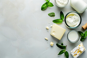Selection features cheese, yogurt, cream, and fresh mint leaves displayed on a white backdrop, showcasing diverse dairy options
