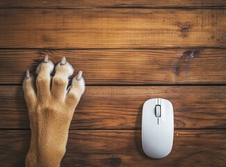 A dog paw covers a black wired computer mouse that is sitting on a desk with a wooden background