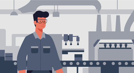 a man wearing glasses and a blue shirt standing in a factory setting with machinery in the background. Suitable for landing page, banner, marketing, web design, presentation, infographic, etc.