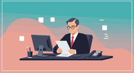 A flat design illustration depicts a businessman in a suit working at his desk, reviewing documents, with a computer, phone, and office supplies, ideal for business and marketing concepts.