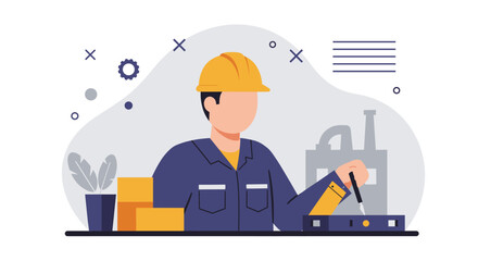 A flat design illustration depicts a male engineer in a hard hat and uniform, diligently working with industrial equipment in a factory setting.