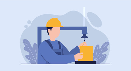 Flat design illustration of a worker using a machine for a business presentation, ideal for marketing web design, landing page banners, and infographics.