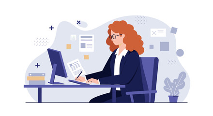 a woman with curly hair working at a desk, using a computer and surrounded by office supplies and a plant. Suitable for landing page, banner, marketing, web design, presentation, infographic, etc.