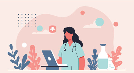 Flat design illustration of a healthcare professional using a laptop for her medical presentation, ideal for a landing page banner or marketing materials.