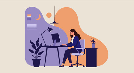 A stylish flat design illustration depicts a woman working diligently at her desk, using a computer in a modern office environment, perfect for marketing and web design projects.
