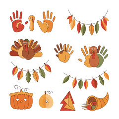 Fototapeta premium Thanksgiving Handprint Turkeys and Autumn Leaf Garlands