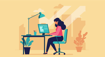 A focused woman works diligently on her computer at a desk in a modern home office setting, depicted with a clean flat design illustration style.