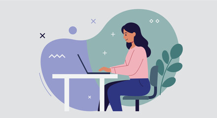 a woman seated at a table, engrossed in work on a laptop, surrounded by abstract shapes and a plant. Suitable for landing page, banner, marketing, web design, presentation, infographic, etc.