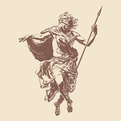 Mythological god flying with a spear, dressed in flowing robes. Dynamic pose in vintage sketch style.
