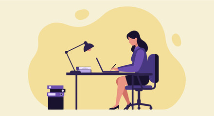 A woman is seated at a desk, working on a laptop with a pen in hand, surrounded by books and a lamp. Suitable for landing page, banner, marketing, web design, presentation, infographic, etc.