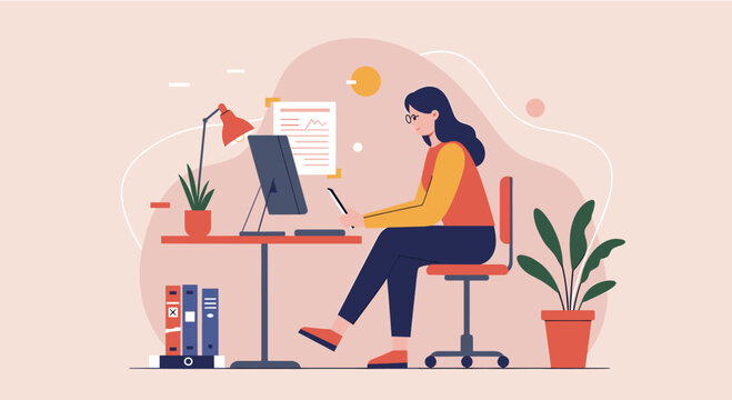 A modern flat design illustration depicts a young woman diligently working at her home office desk with a computer, ideal for web design and business concepts. - Powered by Adobe