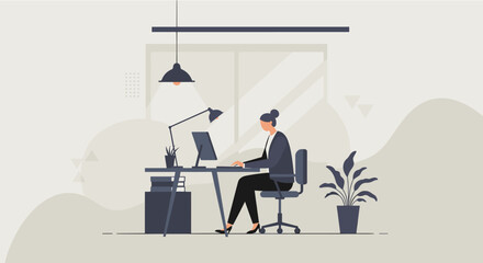 a woman seated at a desk, working on a computer with a potted plant and a lamp nearby. Suitable for landing page, banner, marketing, web design, presentation, infographic, etc.