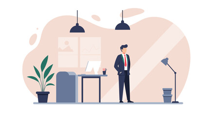 a man in a suit standing in an office setting, with a desk, computer, and office furniture. Suitable for landing page, banner, marketing, web design, presentation, infographic, etc.