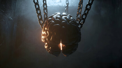 A surreal 3D-rendered image of a floating human brain bound by thick, industrial chains suspended in a void