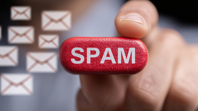 A finger presses a bright red SPAM button surrounded by floating envelope icons, highlighting proactive filtering of unsolicited messages and robust cybersecurity in email communication.
