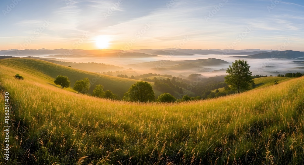 Poster panoramic sunrise view over rolling hills with golden grass and scattered trees illuminated by the m
