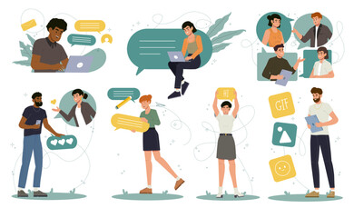 Set of people communicating. Men and women friends, couples or colleagues chatting online, sending messages and having conversation. Flat vector illustration collection isolated on background