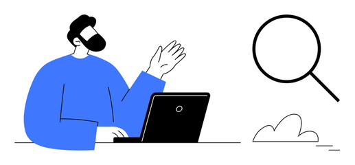 Man seated at a desk with a laptop, waving near a large magnifying glass, representing search, research, and connection. Ideal for business, web search, online learning, technology communication