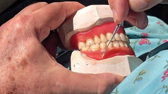 The hands of a prosthetist or dental technician carefully fit and sculpt a set of dentures on a white model of teeth, using wax to demonstrate the precision of dental work. Video 4k