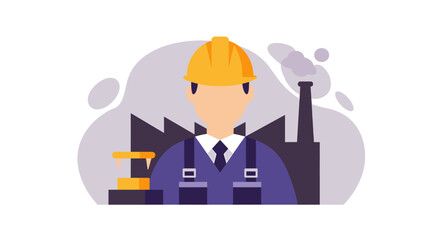 a construction worker wearing a hard hat and blue overalls, standing in front of a factory with a smokestack. Suitable for landing page, banner, marketing, web design, presentation, infographic, etc.