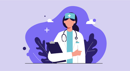 a female doctor, wearing a white coat and a blue cap, holding a clipboard and a stethoscope. Suitable for landing page, banner, marketing, web design, presentation, infographic, etc.