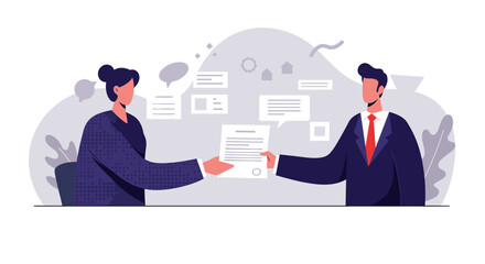 Two professionals in flat design style exchange documents, symbolizing business collaboration and effective marketing strategies for web.