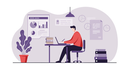 A man is seated at a desk, working on a laptop with a stack of books beside him. Suitable for landing page, banner, marketing, web design, presentation, infographic, etc.
