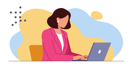 a woman in a pink blazer seated at a desk, focused on working on a laptop. Suitable for landing page, banner, marketing, web design, presentation, infographic, etc.