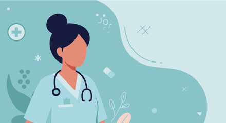a woman dressed in a medical uniform, with a stethoscope around her neck. Suitable for landing page, banner, marketing, web design, presentation, infographic, etc.