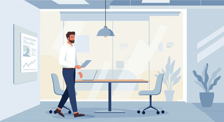 Obraz premium Businessman walking in modern office, holding tablet, near a conference table with laptops, plants, and presentation board. Flat design illustration ideal for landing pages, banners, and marketing
