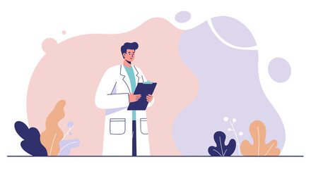 a doctor in a white coat holding a clipboard, standing in front of a backdrop of abstract shapes and plants. Suitable for landing page, banner, marketing, web design, presentation, infographic, etc.