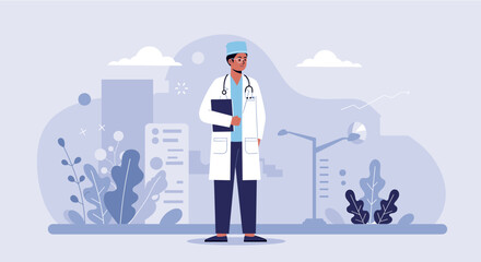 a doctor in a white coat and hat standing in front of a cityscape with buildings, plants, and a street lamp. Suitable for landing page, banner, marketing, web design, presentation, infographic, etc.