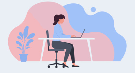 Modern flat design illustration of a businesswoman working on her laptop at her desk, ideal for landing pages, banners, marketing presentations, and web design projects.