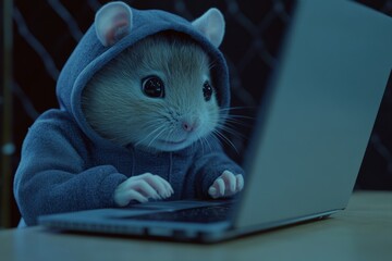 AI generative technology has made it possible to create an image of a tiny, cute, and adorable baby hamster with anthropomorphic features, dressed in a hoodie, hacking away on a computer at a desk,