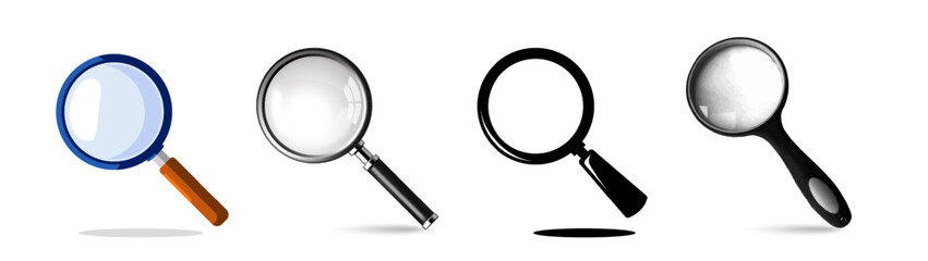 Magnifying Glass Icon Set. Loupe stickers in flat, cartoon and realistic 3D style. Zoom and search tool. Scientific research and optical effect. Vector illustration collection isolated on background