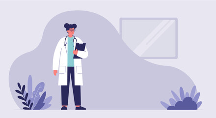 a doctor in a white coat holding a clipboard, standing in front of a plant and a window with a white frame. Suitable for landing page, banner, marketing, web design, presentation, infographic, etc.