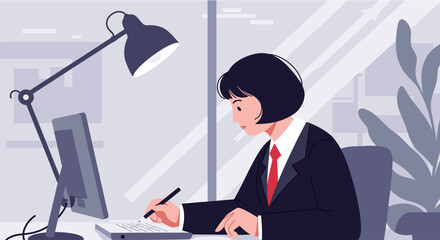 a woman in a business suit sitting at a desk, working on a computer with a lamp on her desk. Suitable for landing page, banner, marketing, web design, presentation, infographic, etc.
