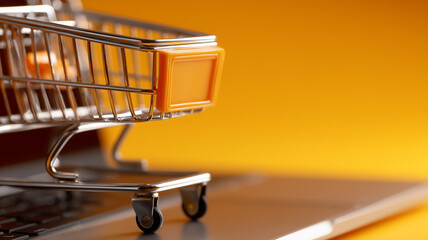 A miniature shopping cart rests on a laptop keyboard against a bold orange backdrop, symbolizing seamless e-commerce shopping, digital retail innovation, and convenient online purchasing.
