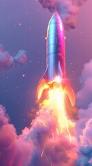 Rocket launch into a vibrant sunset sky