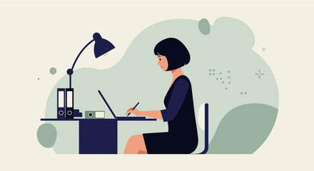 a woman sitting at a desk, working on a laptop with a lamp beside her, and surrounded by office supplies. Suitable for landing page, banner, marketing, web design, presentation, infographic, etc.