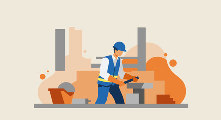 a construction worker in blue hard hat and safety vest, using a tool, with a city skyline in the background. Suitable for landing page, banner, marketing, web design, presentation, infographic, etc.