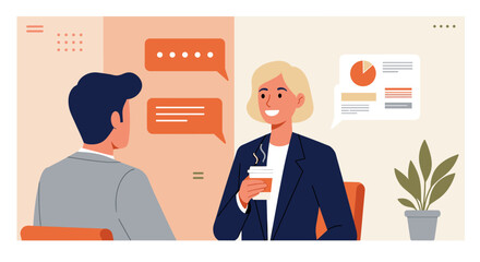 a business meeting scene with two individuals engaged in conversation. Suitable for landing page, banner, marketing, web design, presentation, infographic, etc.